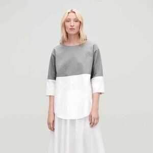 COS Sweatshirt with Shirt Hem Size Small Oversized Colorblock Top Gray White EUC